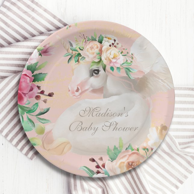 Happy Birthday Floral Unicorn Personalised Name Paper Plate (Creator Uploaded)