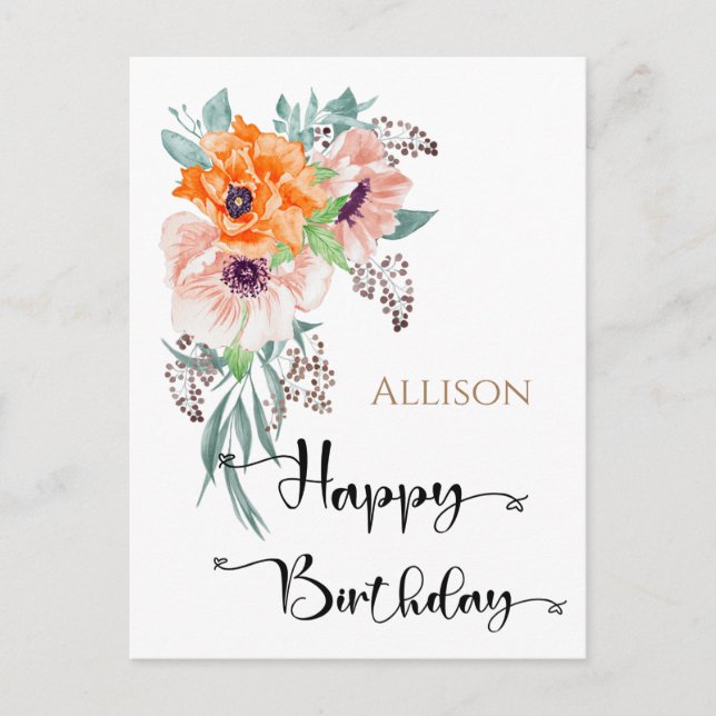 Happy Birthday Floral Watercolor  Postcard (Front)