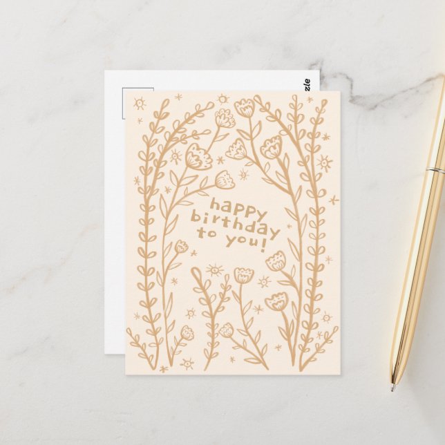 HAPPY BIRTHDAY Floral Whimsical Sketch Doodle  Postcard (Front/Back In Situ)