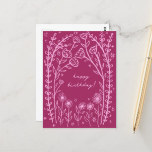 Happy Birthday Floral Whimsical Sketch Doodle  Postcard