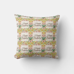 Happy Birthday Floral Zinnia Flower Drawing Cushion