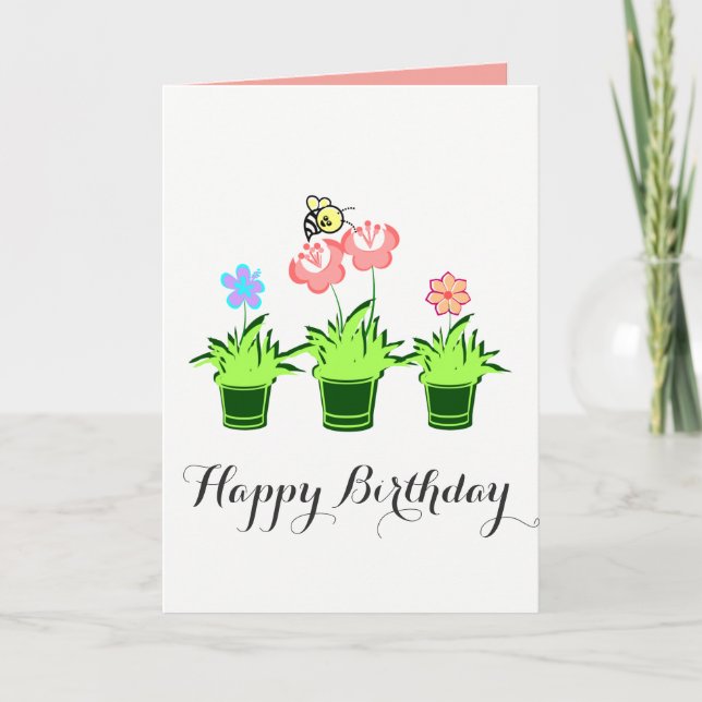 "Happy Birthday" Flower Plants with Bee Card (Front)