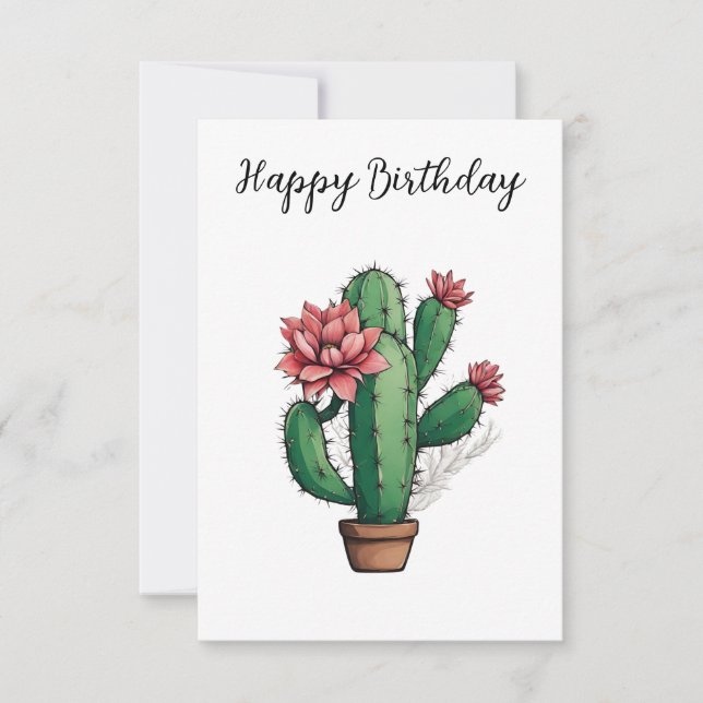 Happy Birthday Flowering Cactus Plant  Card (Front)