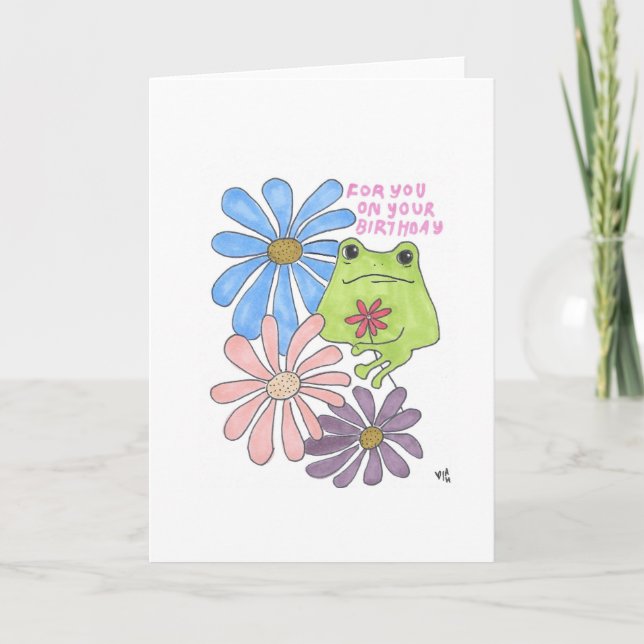 Happy Birthday Flowers and Frog Card (Front)