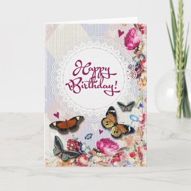 Happy Birthday Flowers & Butterflies Card (Front)