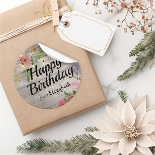 Happy Birthday Flowers Rustic Wood String Lights Classic Round Sticker