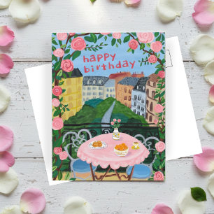 HAPPY BIRTHDAY Flowers Terrace Tea Time Paris Postcard