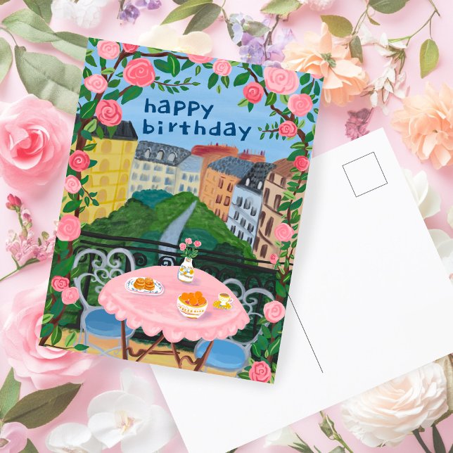HAPPY BIRTHDAY Flowers Terrace Tea Time Paris Postcard (HAPPY BIRTHDAY Flowers Terrace Tea Time Paris Postcard
)