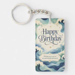 Happy Birthday Flowing Ocean Waves Key Ring