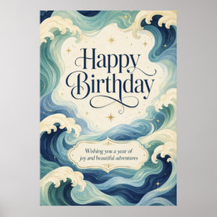 Happy Birthday Flowing Ocean Waves Poster