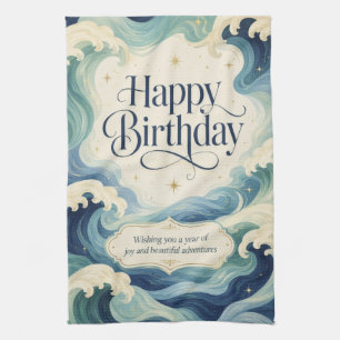 Happy Birthday Flowing Ocean Waves Tea Towel