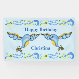 Happy Birthday Flying Fantasy Ornate Bluebirds Banner