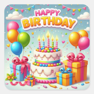 Happy Birthday for Kids - Colorful Balloons Cake Square Sticker