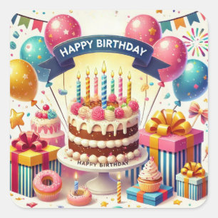 Happy Birthday for Kids - Colourful Balloons Cake Square Sticker