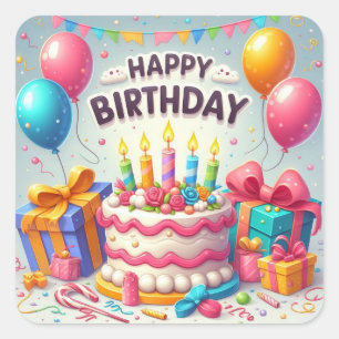 Happy Birthday for Kids - Colourful Balloons Cake Square Sticker