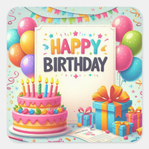 Happy Birthday for Kids - Colourful Balloons Cake Square Sticker