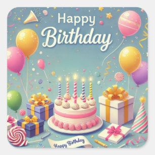 Happy Birthday for Kids - Colourful Balloons Cake Square Sticker