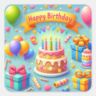 Happy Birthday for Kids - Colourful Balloons Cake Square Sticker