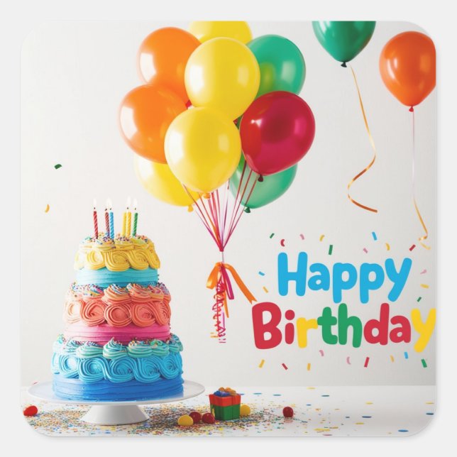 Happy Birthday for Kids - Colourful Balloons Cake Square Sticker (Front)