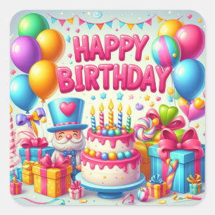 Happy Birthday for Kids - Colourful Balloons Cake Square Sticker