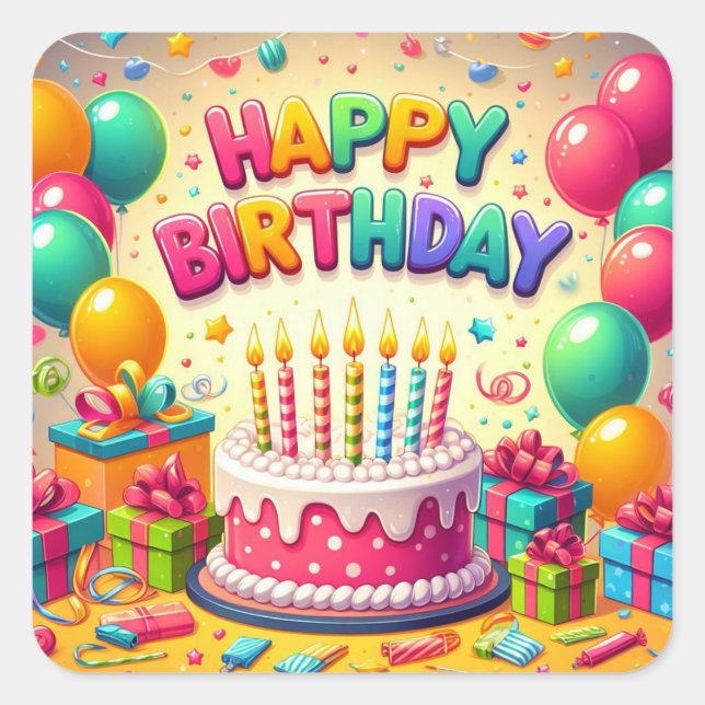 Happy Birthday for Kids - Colourful Balloons Cake Square Sticker (Front)