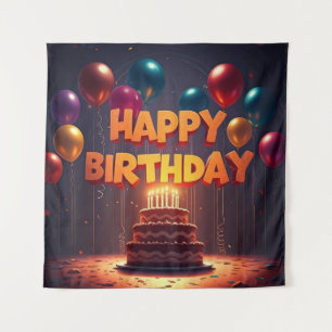 Happy Birthday for Kids - Colourful Balloons Cake Tapestry