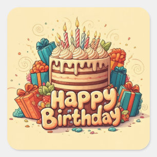 Happy Birthday for Kids - Colourful Gifts Cake Square Sticker