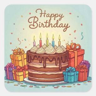 Happy Birthday for Kids - Colourful Gifts Cake Square Sticker