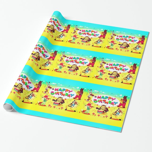 Happy Birthday Forest Friends Wrapping Paper (Unrolled)