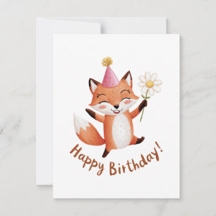 Happy Birthday Fox with Daisy and Party Hat Holiday Card