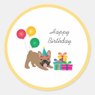 Happy Birthday French Bulldog Colourful Classic Round Sticker