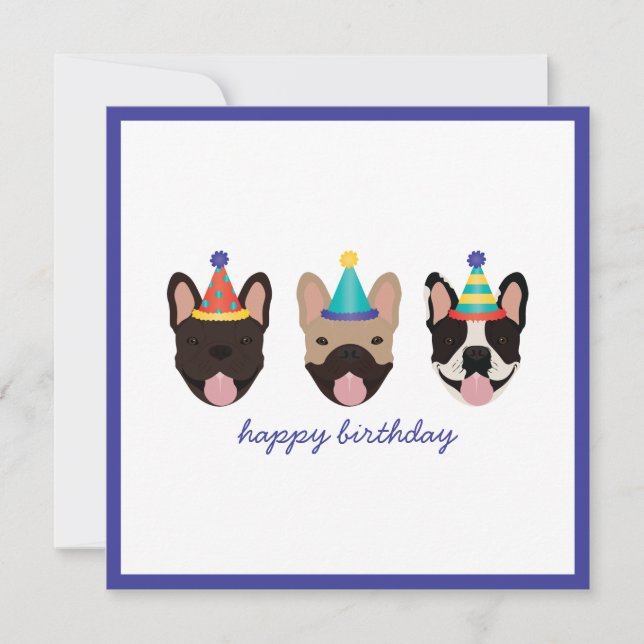 Happy Birthday French Bulldog Party Hats Card (Front)