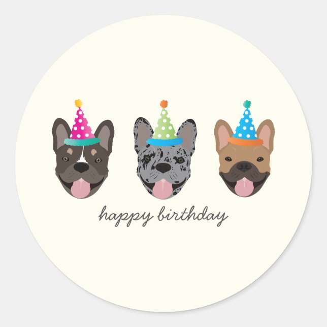 Happy Birthday French Bulldog Party Hats Classic Round Sticker (Front)