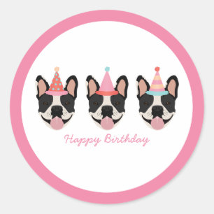 Happy Birthday French Bulldog Party Hats Pink Classic Round Sticker