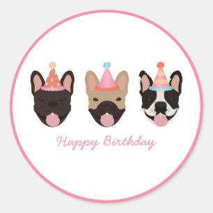 Happy Birthday French Bulldog Party Hats Pink Classic Round Sticker