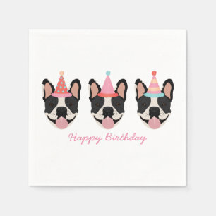 Happy Birthday French Bulldog Party Hats Pink Napkin