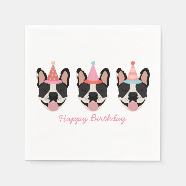 Happy Birthday French Bulldog Party Hats Pink Napkin (Front)