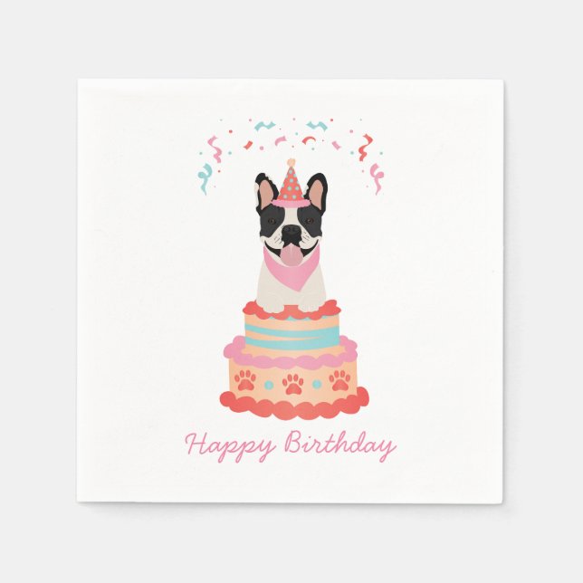 Happy Birthday French Bulldog Party Hats Pink Napkin (Front)