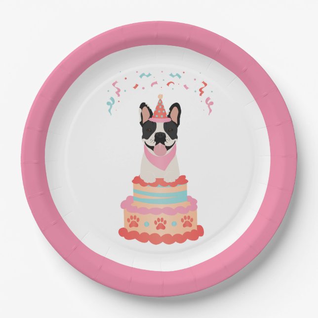 Happy Birthday French Bulldog Party Hats Pink Paper Plate (Front)
