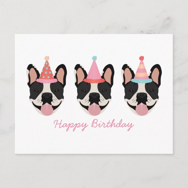Happy Birthday French Bulldog Party Hats Pink Postcard (Front)
