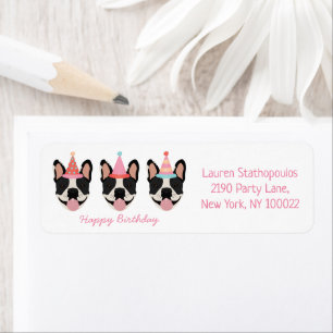 Happy Birthday French Bulldog Party Hats Pink Return Address Label