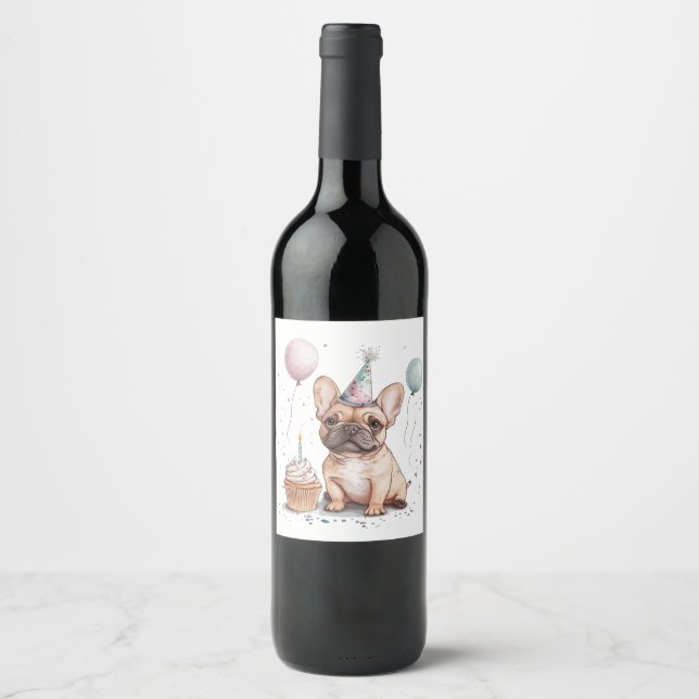 Happy Birthday French Bulldog Wine Label (Front)