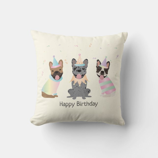 Happy Birthday French Bulldogs Cushion (Front)