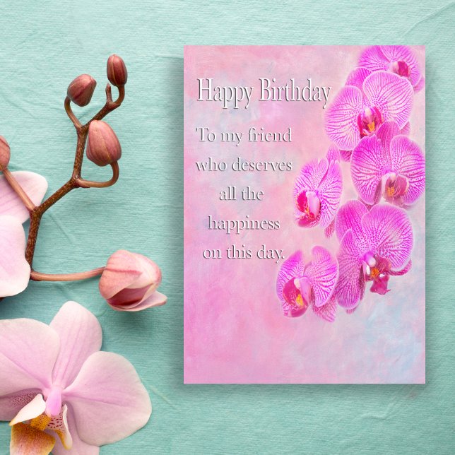 Happy Birthday Friend Purple Orchids Card (Symbolize lasting friendship with a cascade of elegant purple orchids.)