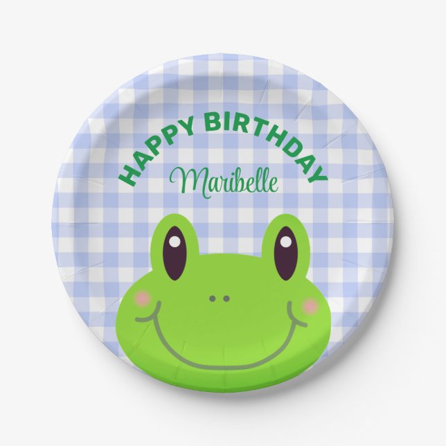 Happy Birthday Frog Cute Blue Paper Plate (Front)