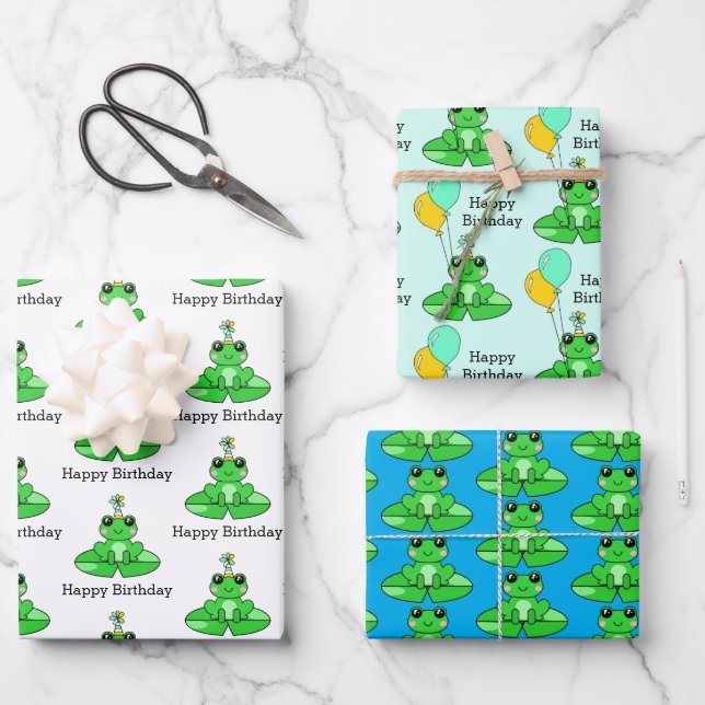 Happy Birthday Frog with Balloons Wrapping Paper Sheet (Front)