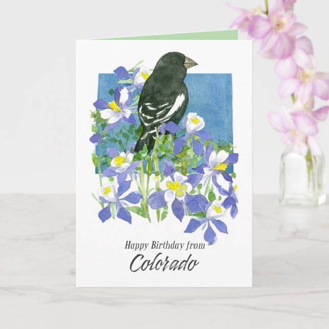 Happy Birthday from Colorado Lark Bunting Flowers Card (Orchid)