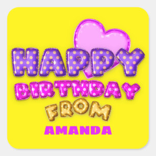 Happy Birthday From Name Balloons Pink Cartoons Square Sticker