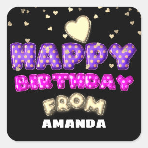 Happy Birthday From Name Balloons Pink Heart Gold Square Sticker