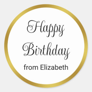 Happy Birthday from Name Elegant Gold and White Classic Round Sticker